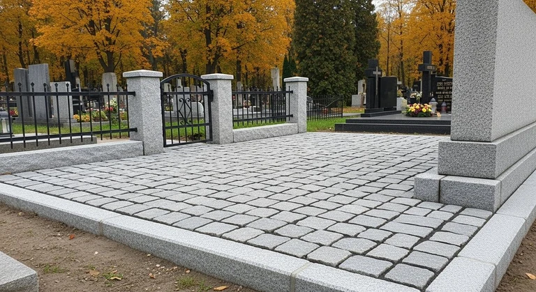 Благоустройство захоронений в Оренбурге — мощение гранитной плиткой, цоколь и ограда на ухоженном участке