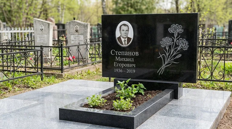 Памятник с гравировкой гвоздик — выполненная работа «Степанов» в Оренбурге