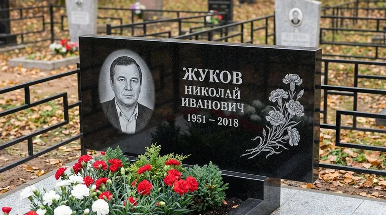 Памятник с гравировкой гвоздик — выполненная работа «Жуков» в Оренбурге