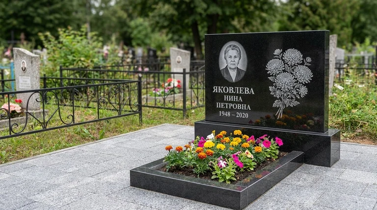 Гравировка хризантем на памятник в Оренбурге — пример работы на граните