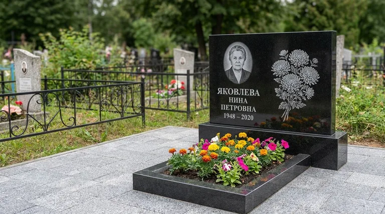 Памятник с гравировкой хризантем — выполненная работа «Соколов» в Оренбурге