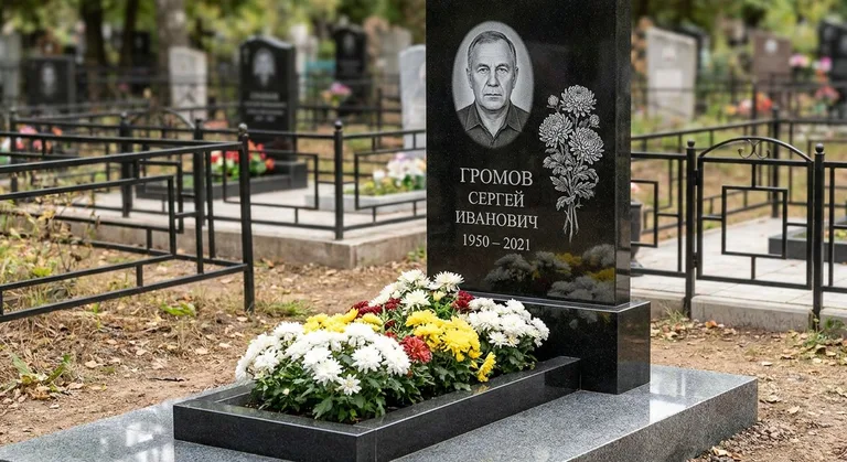 Памятник с гравировкой хризантем — выполненная работа «Громов» в Оренбурге