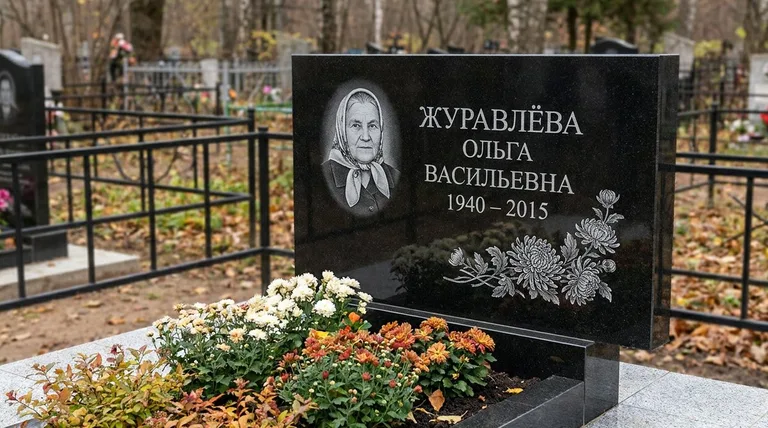Памятник с гравировкой хризантем — выполненная работа «Журавлёва» в Оренбурге