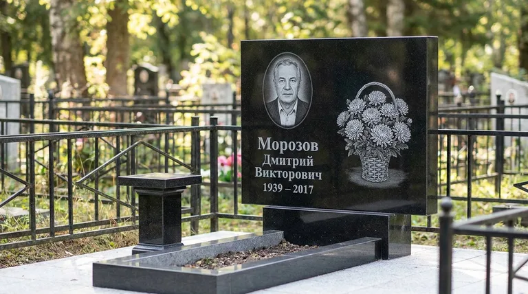 Памятник с гравировкой хризантем — выполненная работа «Морозов» в Оренбурге