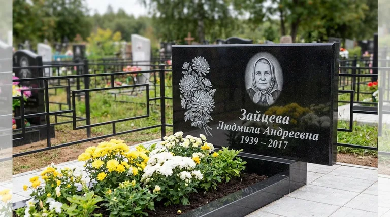 Памятник с гравировкой хризантем — выполненная работа «Зайцева» в Оренбурге