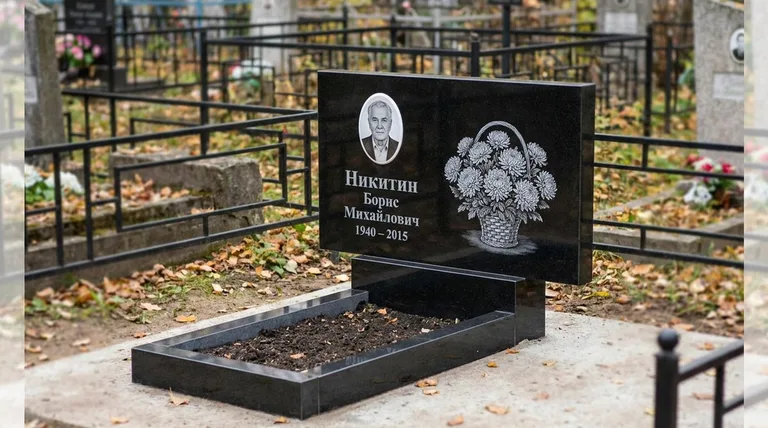 Памятник с гравировкой хризантем — выполненная работа «Никитин» в Оренбурге