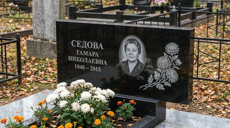 Памятник с гравировкой хризантем — выполненная работа «Седова» в Оренбурге