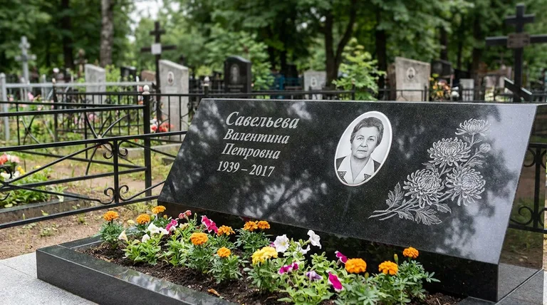 Памятник с гравировкой хризантем — выполненная работа «Савельева» в Оренбурге