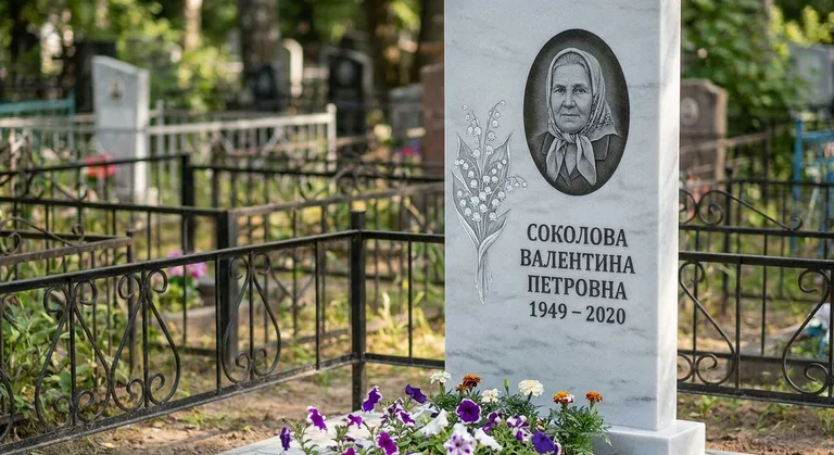 Памятник с гравировкой ландышей — выполненная работа «Соколова» в Оренбурге