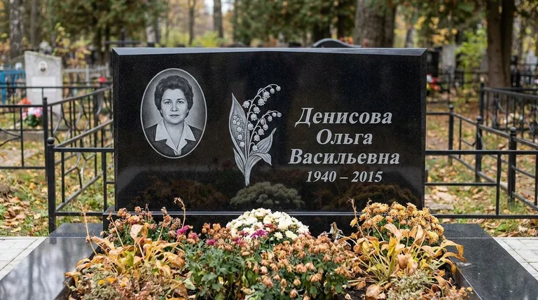 Памятник с гравировкой ландышей — выполненная работа «Денисова» в Оренбурге