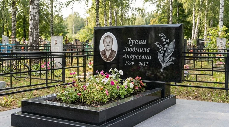 Памятник с гравировкой ландышей — выполненная работа «Зуева» в Оренбурге