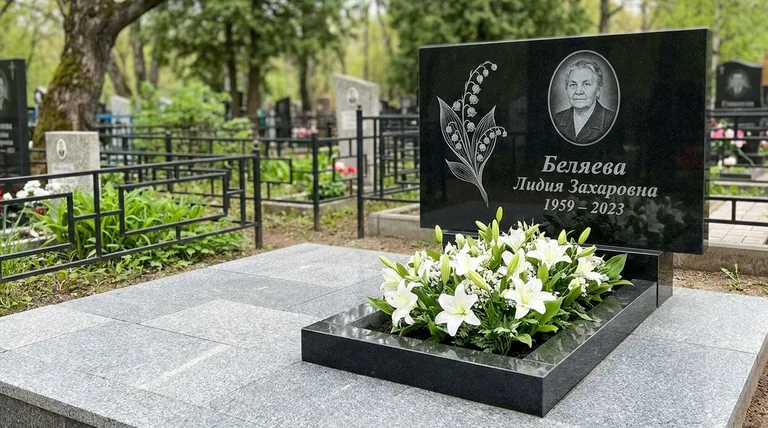 Памятник с гравировкой ландышей — выполненная работа «Беляева» в Оренбурге