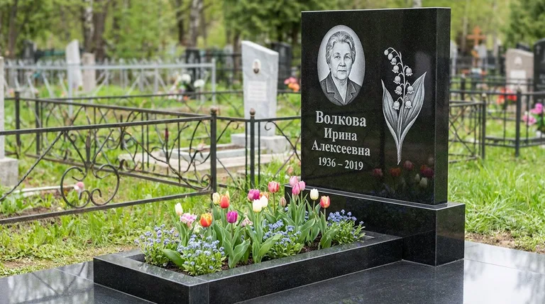 Памятник с гравировкой ландышей — выполненная работа «Волкова» в Оренбурге