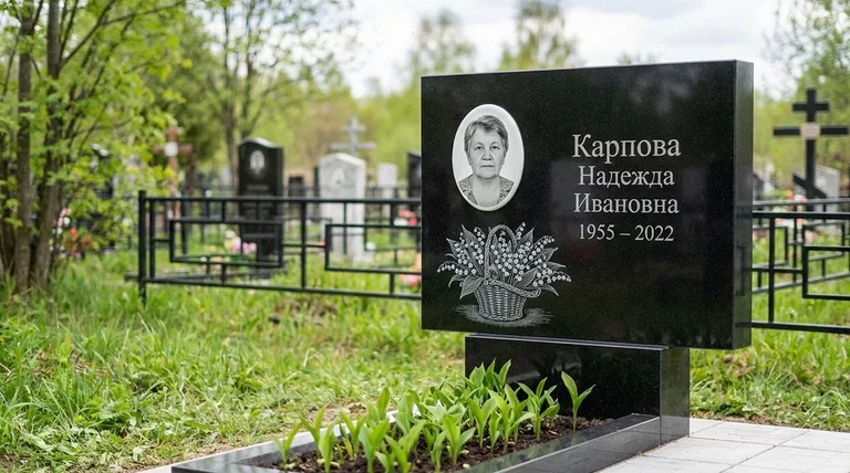 Памятник с гравировкой ландышей — выполненная работа «Карпова» в Оренбурге