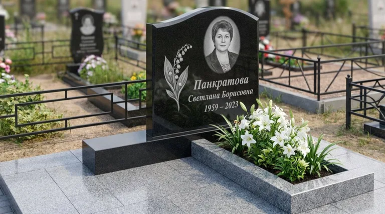 Памятник с гравировкой ландышей — выполненная работа «Панкратова» в Оренбурге