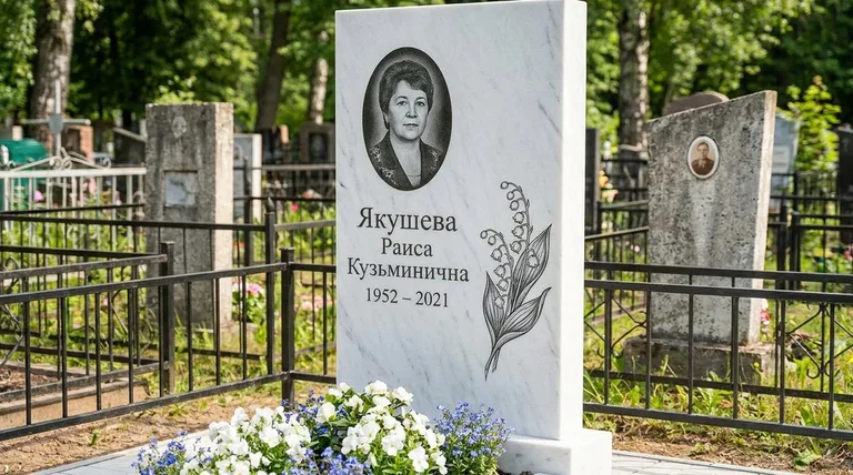 Памятник с гравировкой ландышей — выполненная работа «Якушева» в Оренбурге
