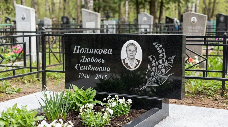 Памятник с гравировкой ландышей — выполненная работа «Полякова» в Оренбурге