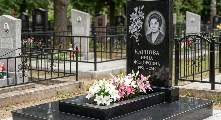 Памятник с гравировкой лилий — выполненная работа «Карпова» в Оренбурге