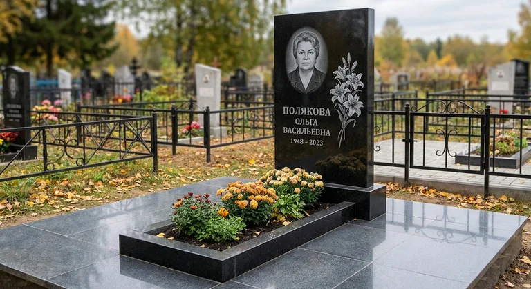 Памятник с гравировкой лилий — выполненная работа «Полякова» в Оренбурге
