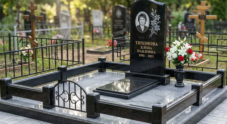 Памятник с гравировкой лилий — выполненная работа «Тихонова» в Оренбурге