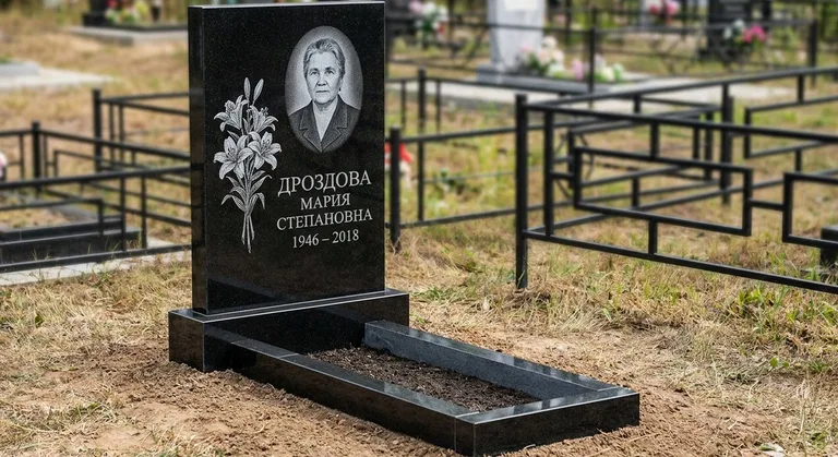Памятник с гравировкой лилий — выполненная работа «Дроздова» в Оренбурге
