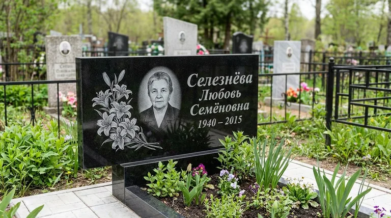 Памятник с гравировкой лилий — выполненная работа «Селезнёва» в Оренбурге