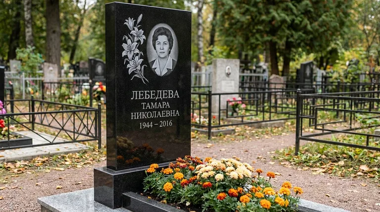 Памятник с гравировкой лилий — выполненная работа «Лебедева» в Оренбурге