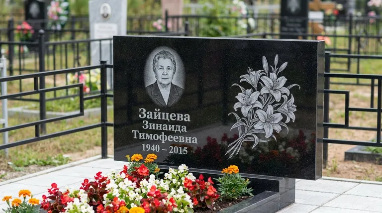 Памятник с гравировкой лилий — выполненная работа «Зайцева» в Оренбурге