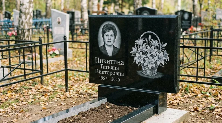 Памятник с гравировкой лилий — выполненная работа «Никитина» в Оренбурге