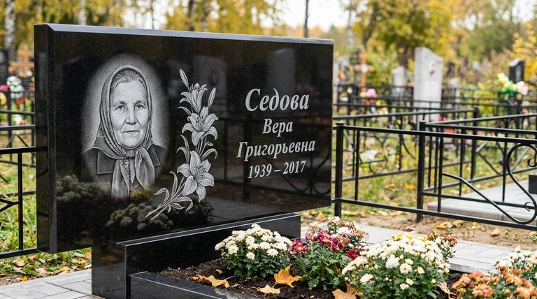 Памятник с гравировкой лилий — выполненная работа «Седова» в Оренбурге