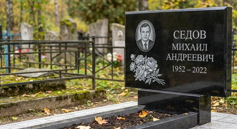 Памятник с гравировкой пионов — выполненная работа «Седов» в Оренбурге