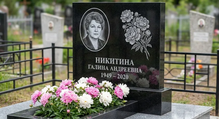 Памятник с гравировкой пионов — выполненная работа «Никитина» в Оренбурге