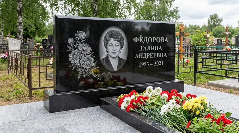 Памятник с гравировкой пионов — выполненная работа «Фёдорова» в Оренбурге