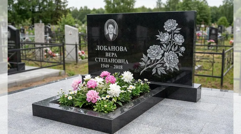 Памятник с гравировкой пионов — выполненная работа «Лобанова» в Оренбурге