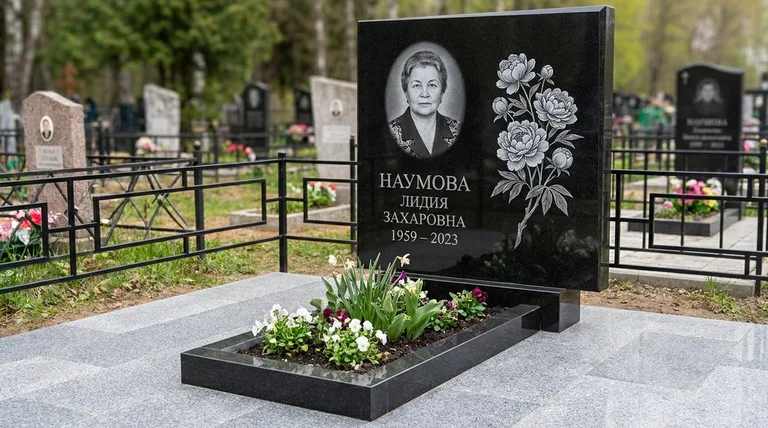 Памятник с гравировкой пионов — выполненная работа «Наумова» в Оренбурге