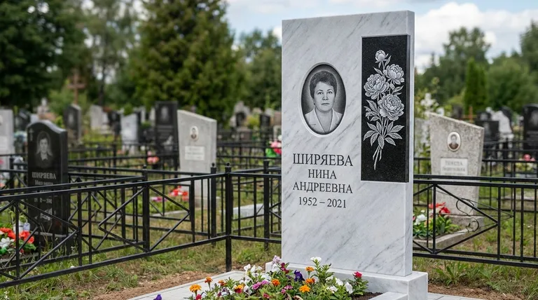 Памятник с гравировкой пионов — выполненная работа «Ширяева» в Оренбурге
