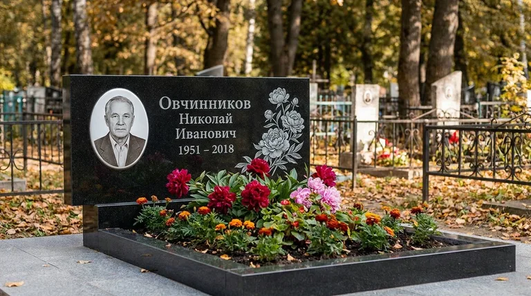 Памятник с гравировкой пионов — выполненная работа «Овчинников» в Оренбурге