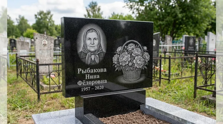 Памятник с гравировкой пионов — выполненная работа «Рыбакова» в Оренбурге