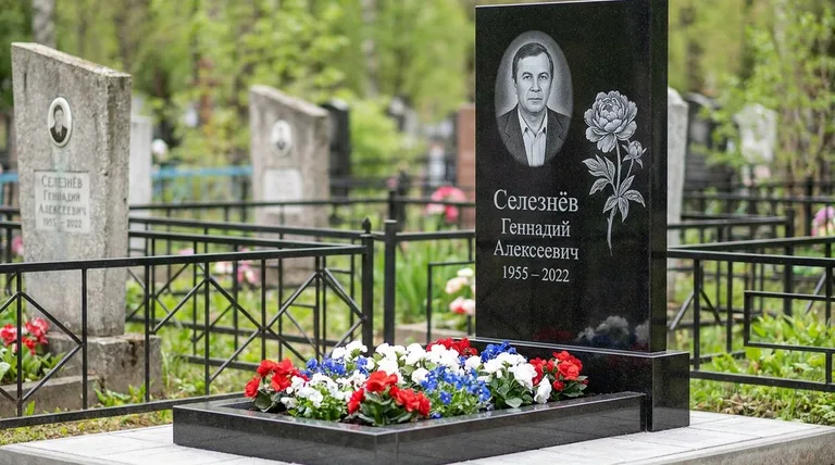 Памятник с гравировкой пионов — выполненная работа «Селезнёв» в Оренбурге