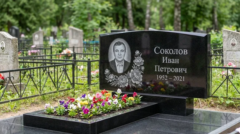 Памятник с гравировкой пионов — выполненная работа «Соколов» в Оренбурге