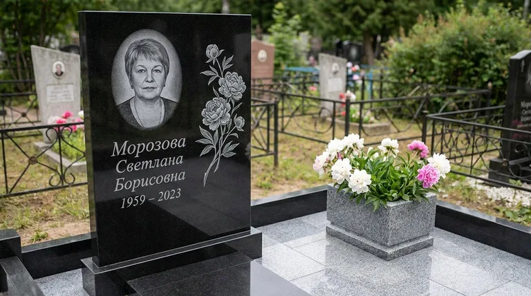 Памятник с гравировкой пионов — выполненная работа «Морозова» в Оренбурге