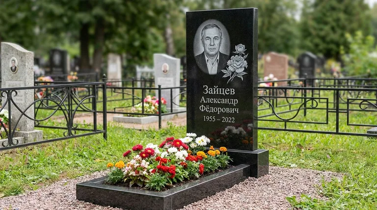 Памятник с гравировкой пионов — выполненная работа «Зайцев» в Оренбурге
