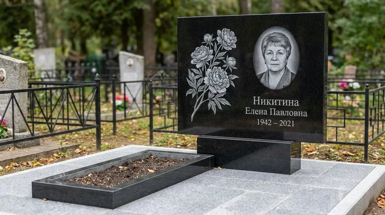 Памятник с гравировкой пионов — выполненная работа «Никитина» в Оренбурге