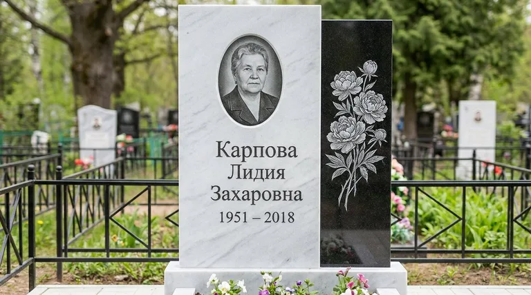 Памятник с гравировкой пионов — выполненная работа «Карпова» в Оренбурге