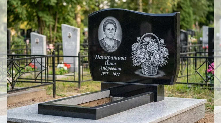 Памятник с гравировкой пионов — выполненная работа «Панкратова» в Оренбурге