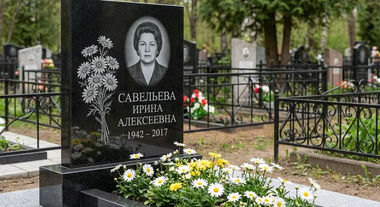 Памятник с гравировкой ромашек — выполненная работа «Савельева» в Оренбурге