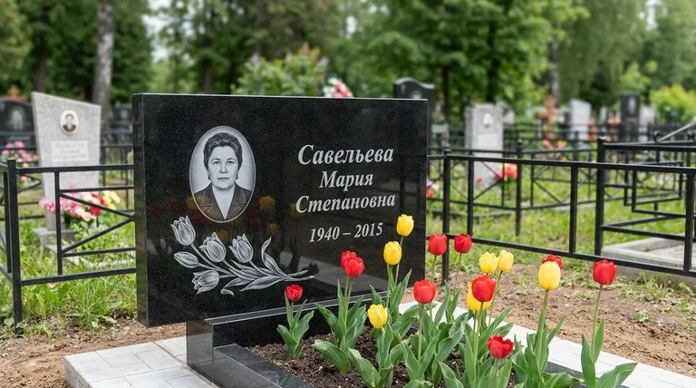 Памятник с гравировкой тюльпанов — выполненная работа «Савельева» в Оренбурге