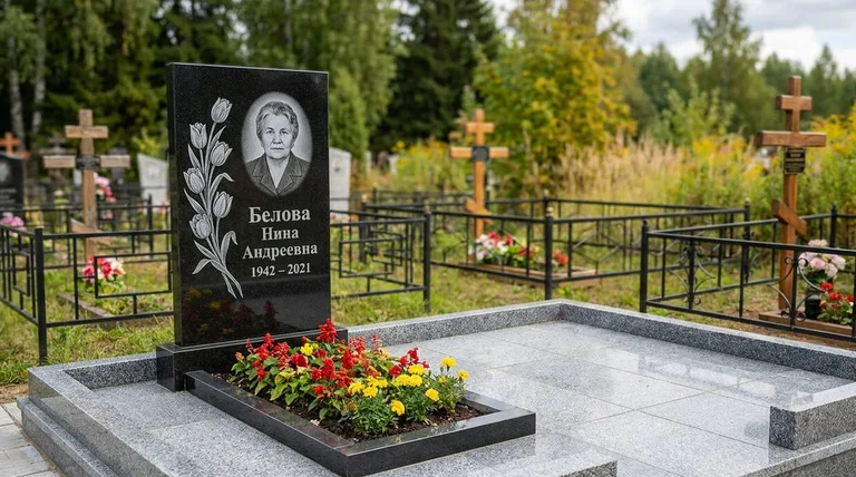 Памятник с гравировкой тюльпанов — выполненная работа «Белова» в Оренбурге