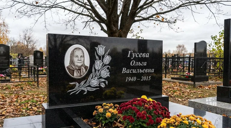Памятник с гравировкой тюльпанов — выполненная работа «Гусева» в Оренбурге