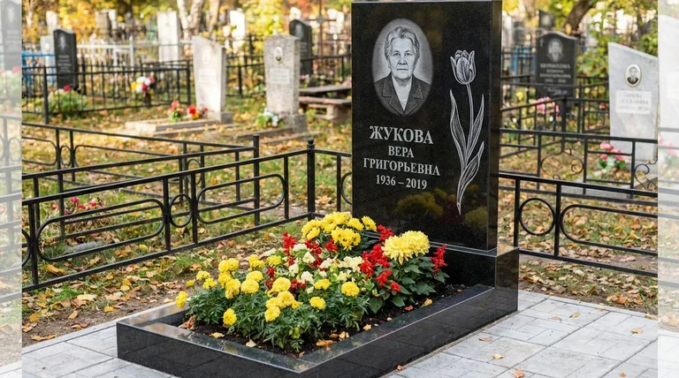 Памятник с гравировкой тюльпанов — выполненная работа «Жукова» в Оренбурге